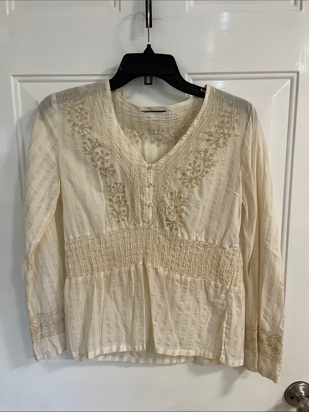 Vintage White blouse with gold embroidery and pinstriping. Size small.